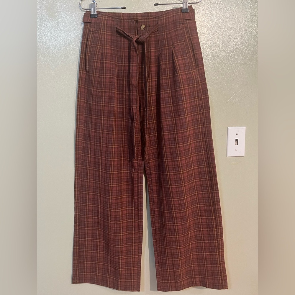 American Eagle Outfitters Plaid Chinos in Brown Wide Leg Paper Bag Waist 8